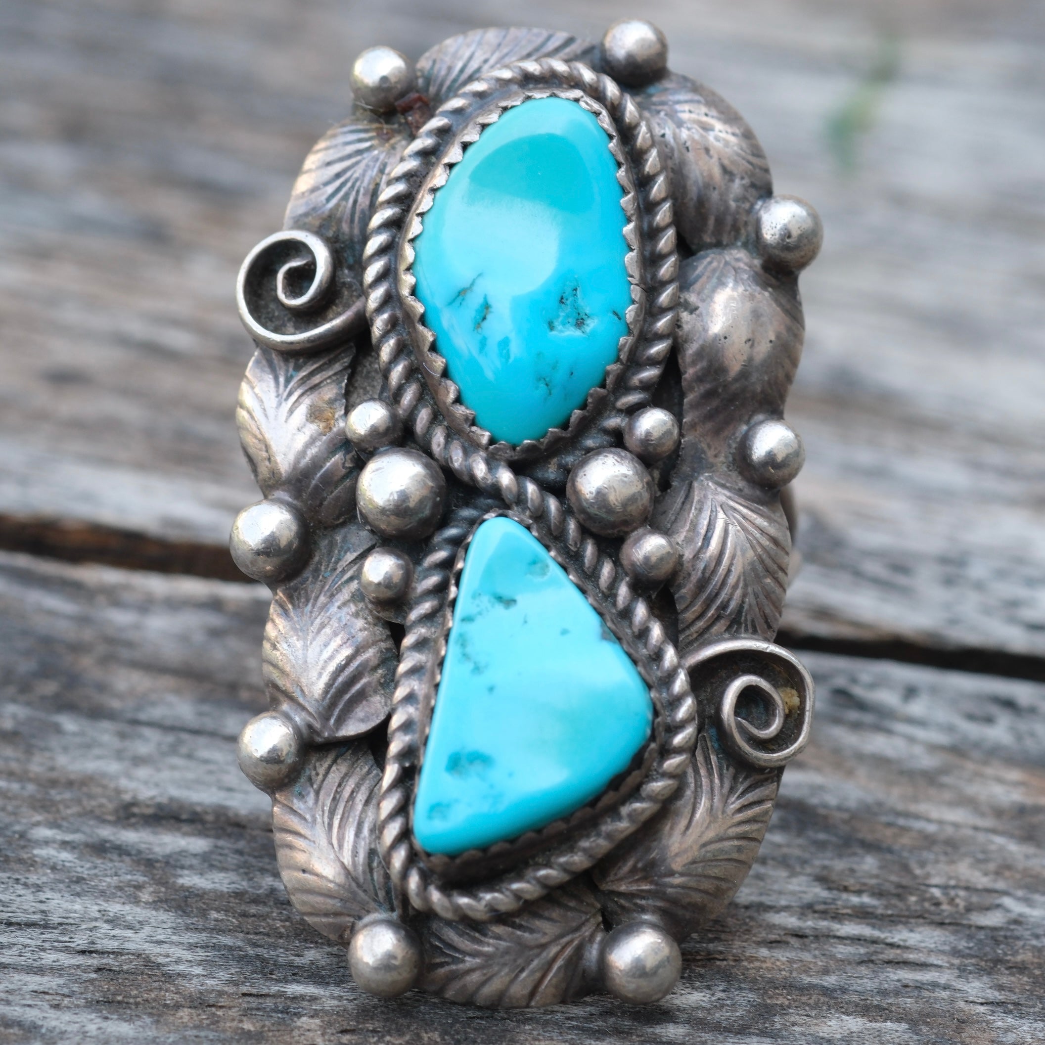 Vintage Sterling Turquoise Feather Ring 8.5