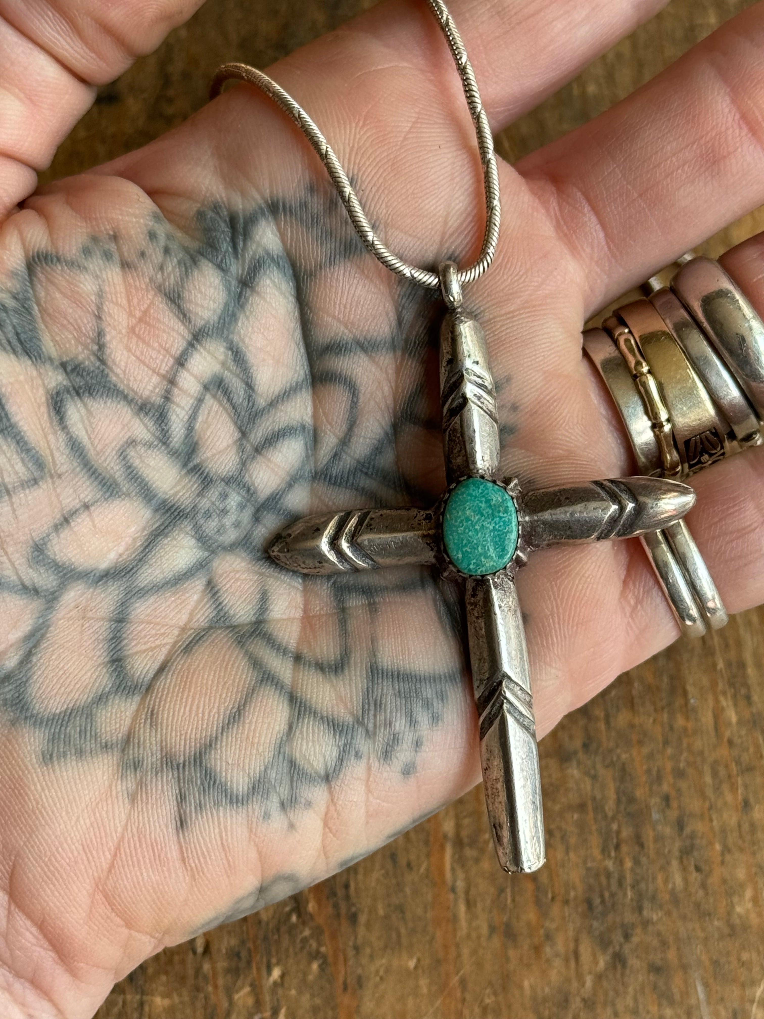 Vintage Sterling Silver Turquoise Cross 23" Necklace