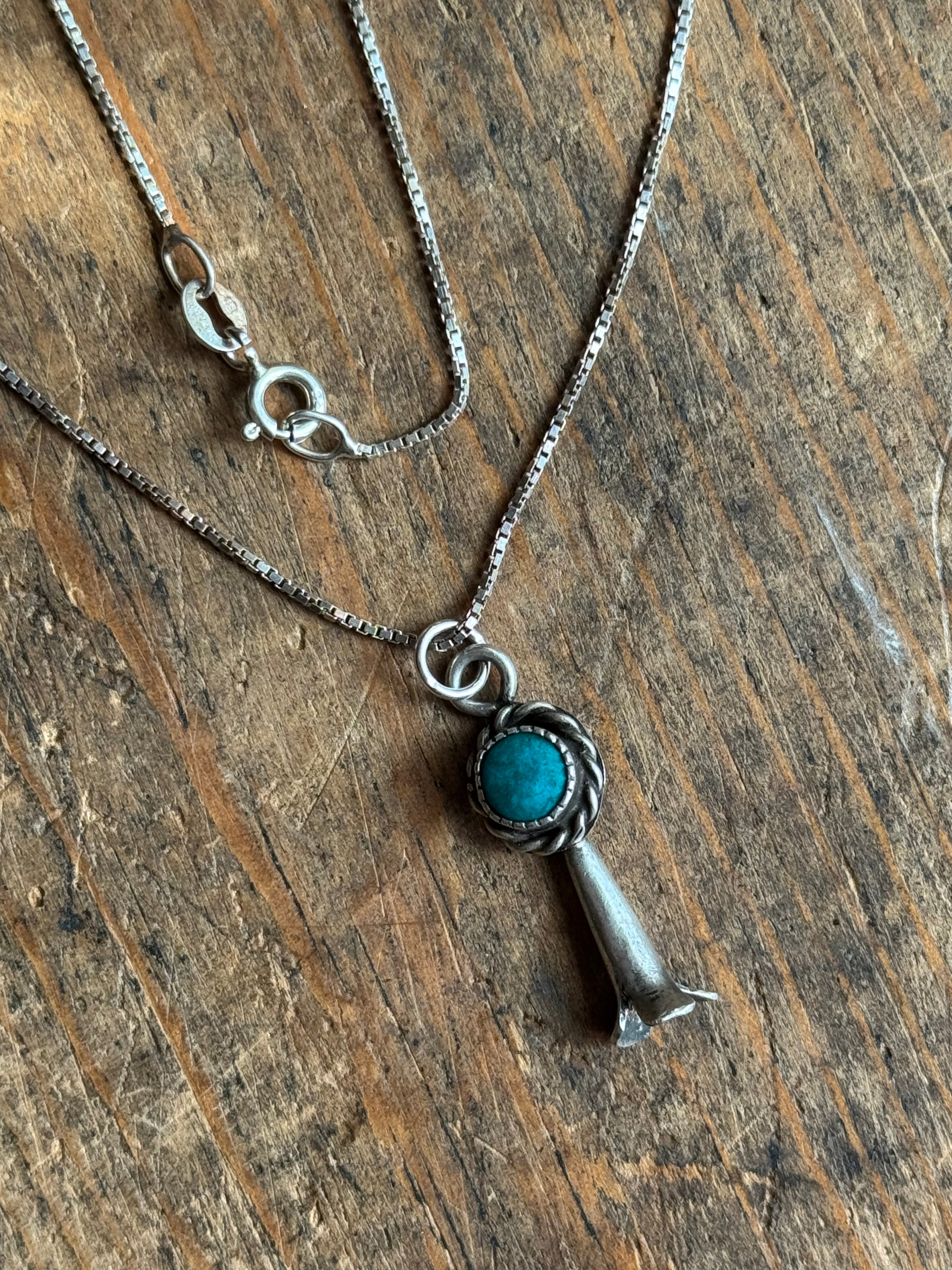Vintage Sterling Silver Turquoise Squash Bell 18" Necklace