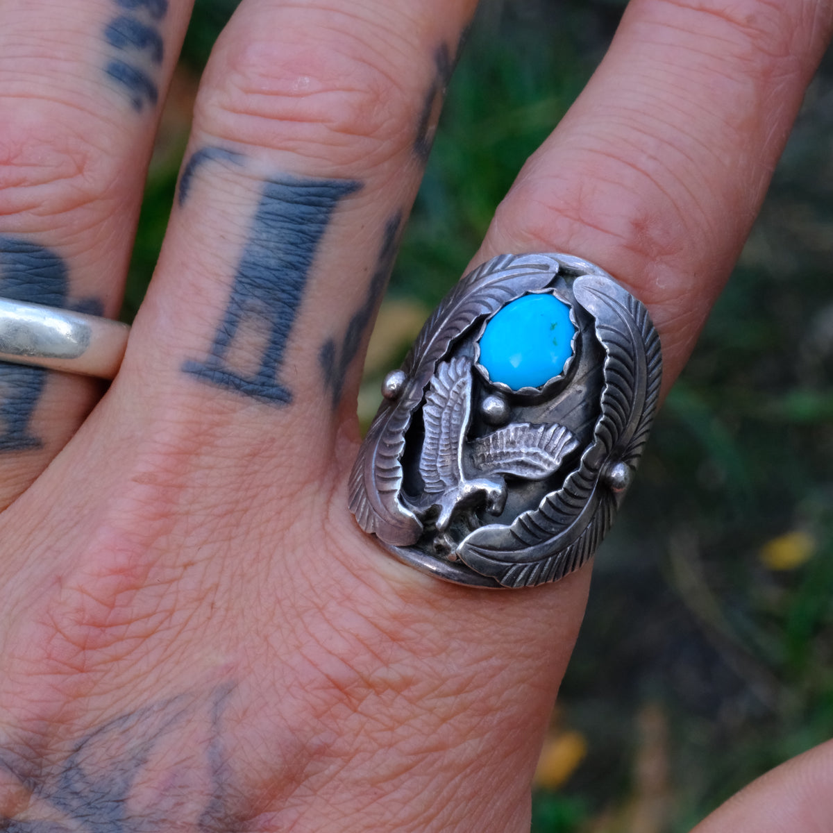 Vintage Sterling Turquoise Eagle Ring 9.5