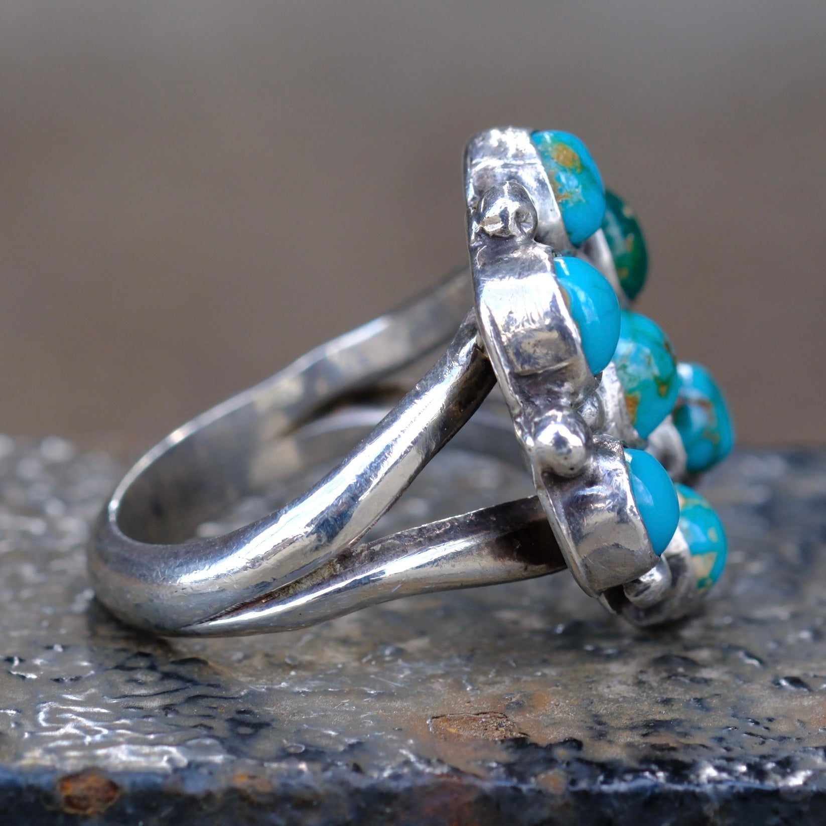Vintage Sterling Turquoise Cluster Ring 7.25