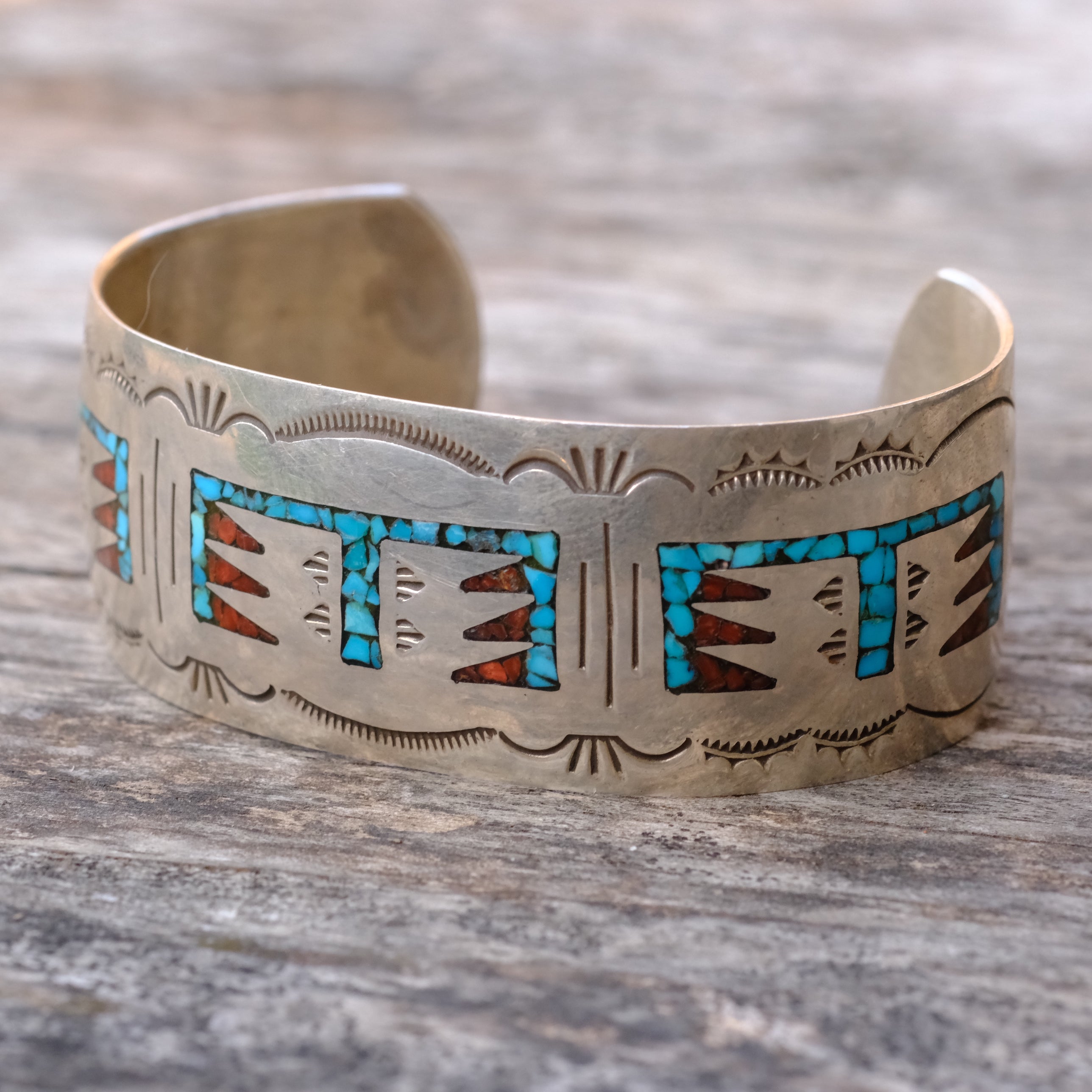 Vintage Sterling Turquoise and Coral Inlay Wide Cuff Bracelet