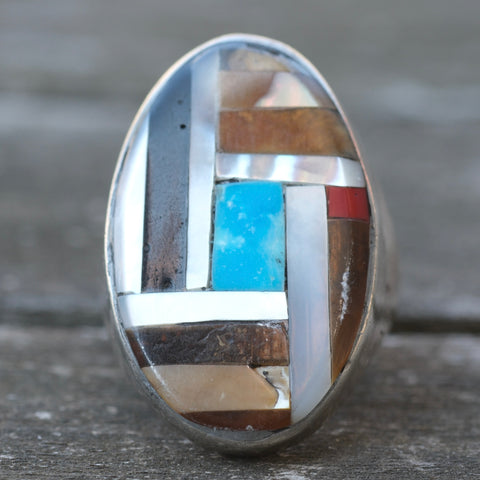 Vintage Sterling Multistone Inlay Ring 9.75