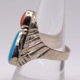 Vintage Sterling Turquoise and Coral Feather Ring 9.75