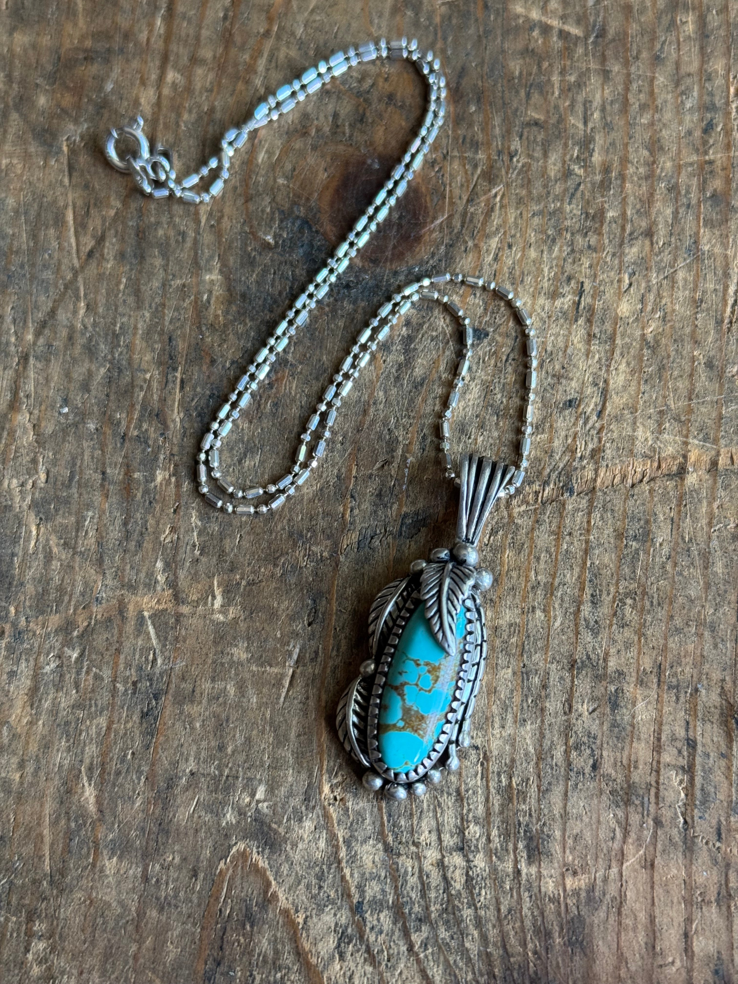 Vintage Sterling Silver Turquoise Leaf Necklace