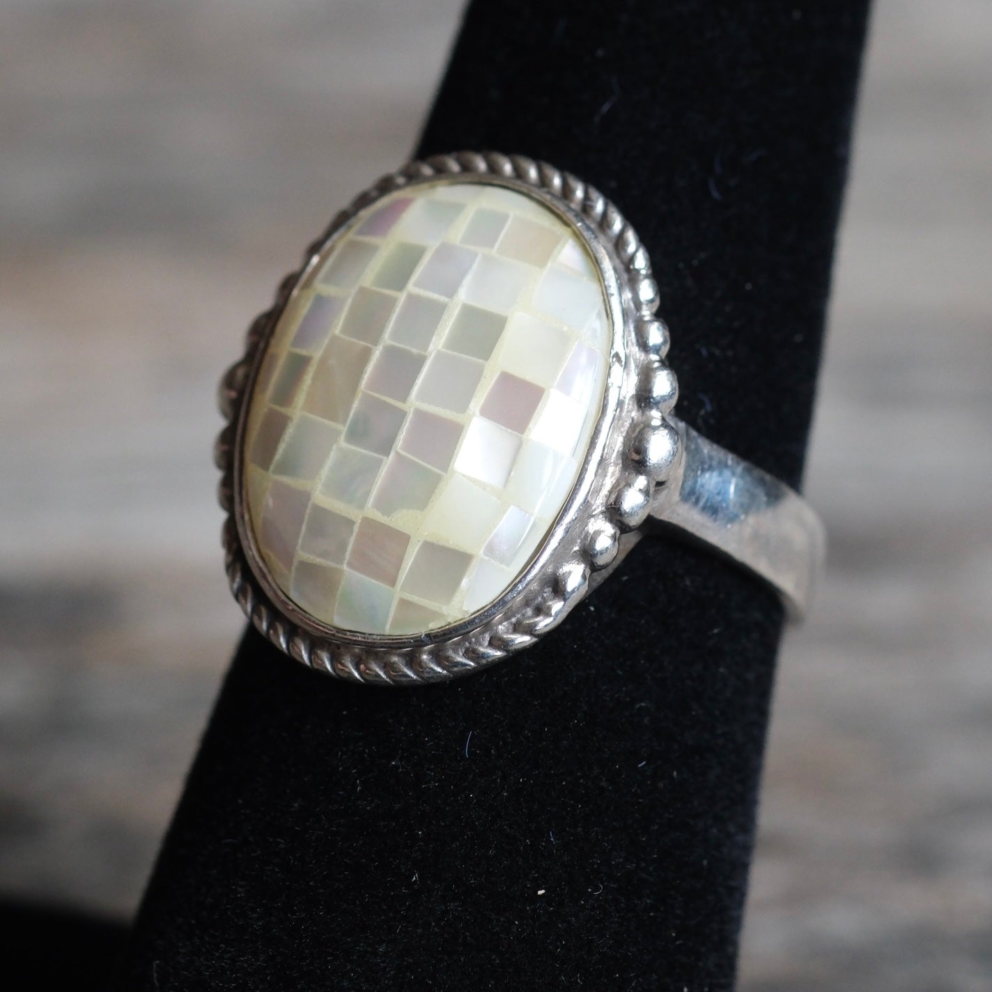 Vintage Sterling Mother Of Pearl Inlay Ring 6.25