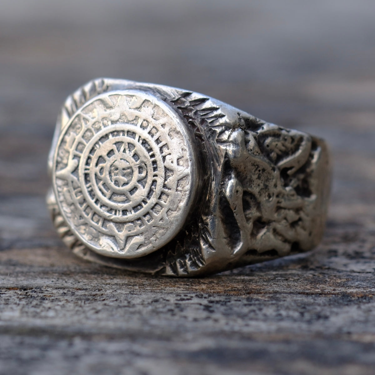 Vintage Sterling Silver Aztec Calendar Signet Ring 9.75