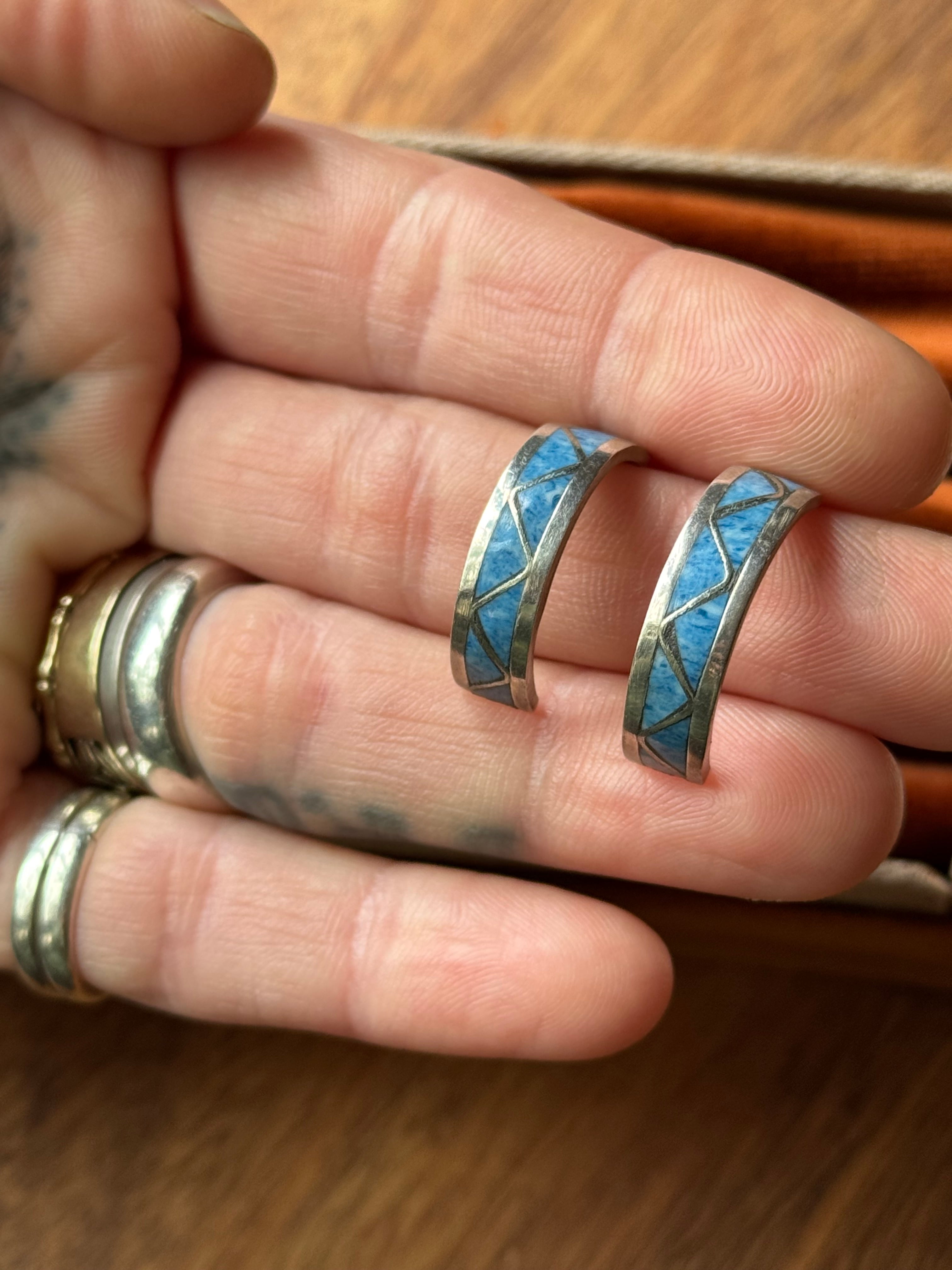 Vintage Sterling Silver Sodalite Inlay Half Hoops