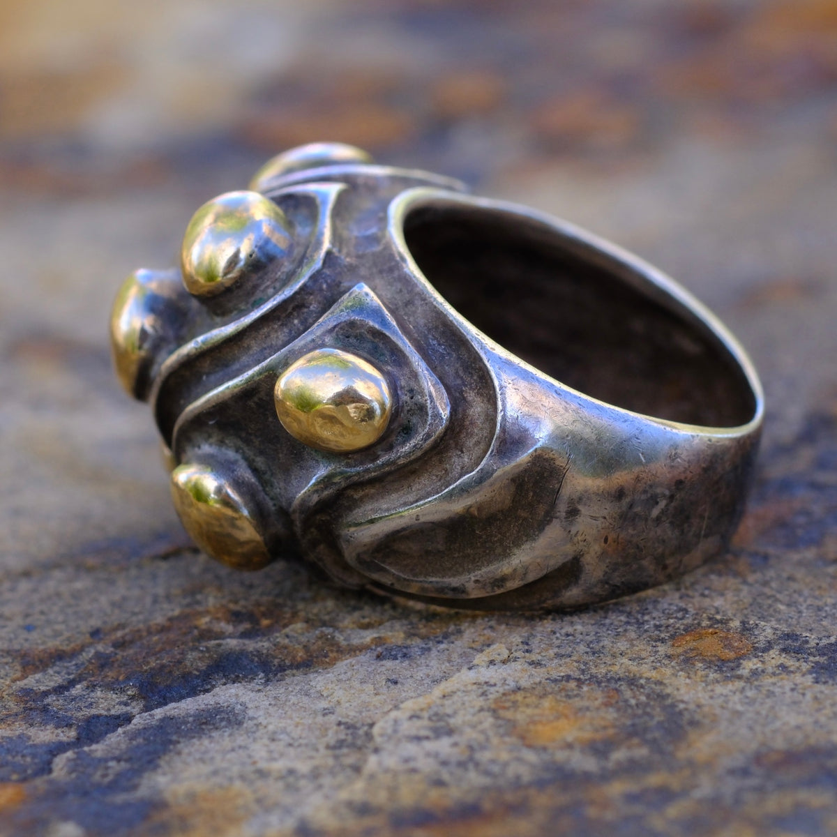 Vintage Sterling and 18K Gold Ring 6.75 Caviar-Lagos