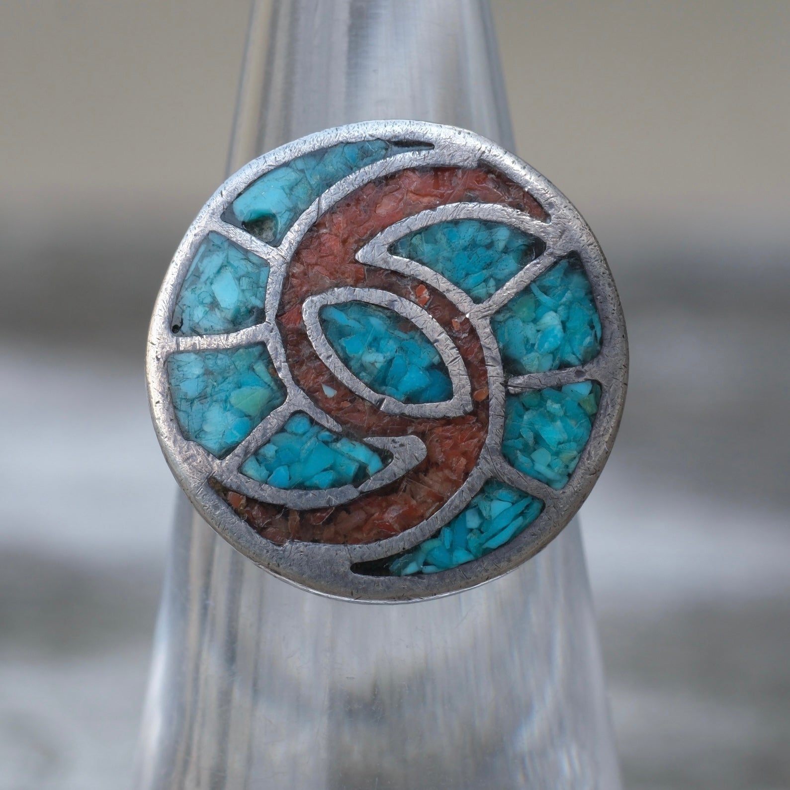 Vintage Sterling Turquoise and Coral Inlay Ring 4.75