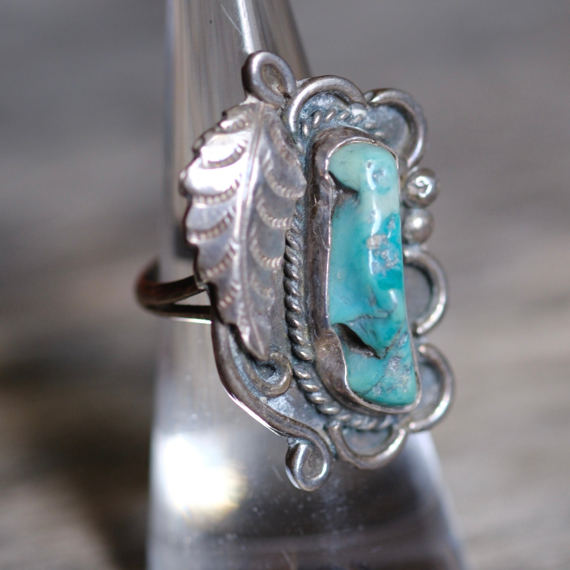 Vintage Sterling Turquoise Feather Ring 6