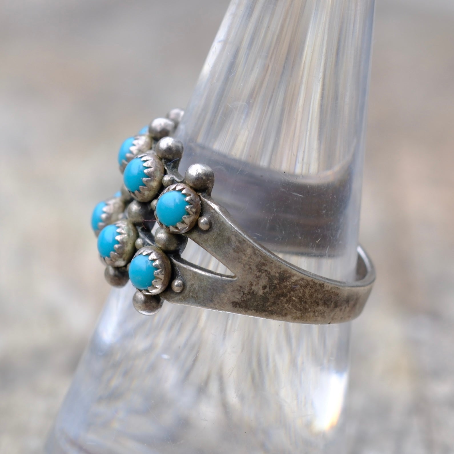 Vintage Sterling Snake Eye Turquoise Double Row Ring 7.75