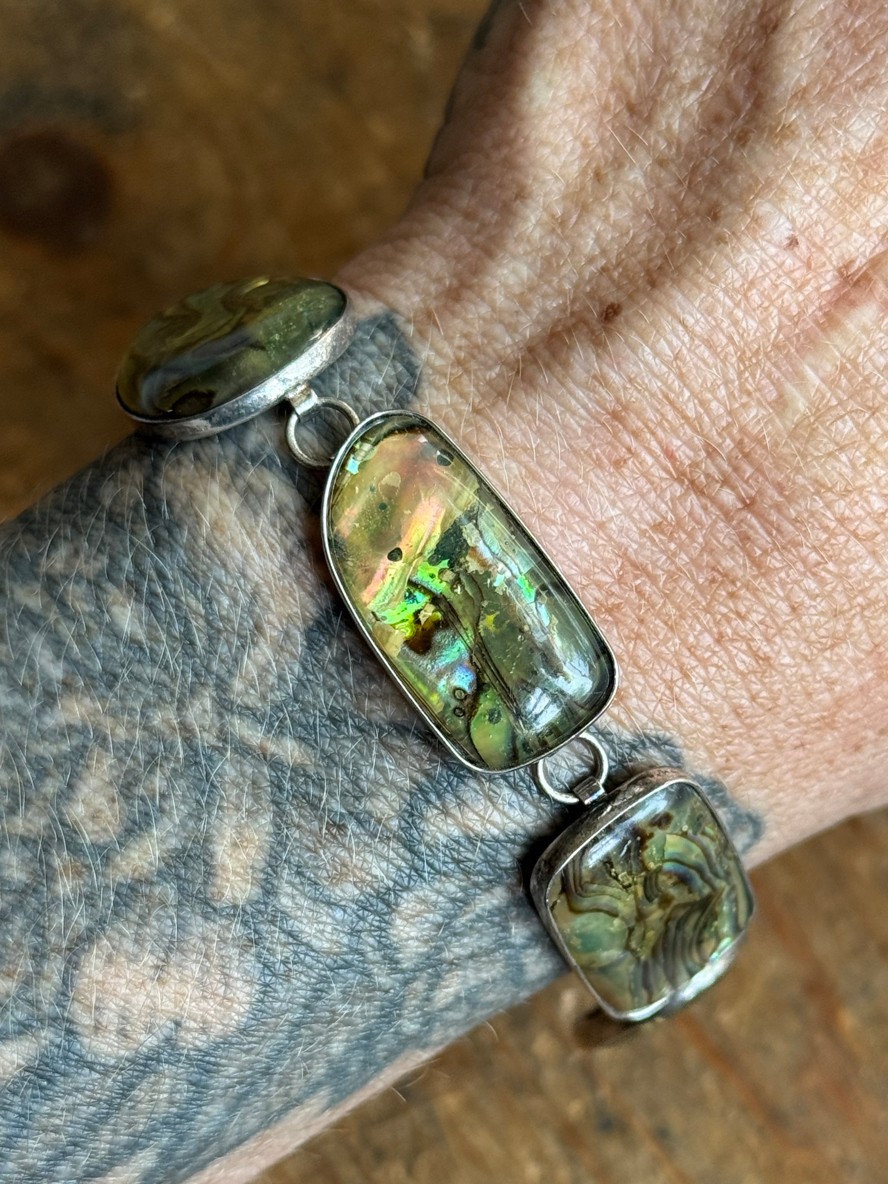 Vintage Sterling Silver 8” Abalone Link Toggle Bracelet