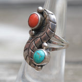 Vintage Sterling Turquoise and Coral Feather Ring 5.25