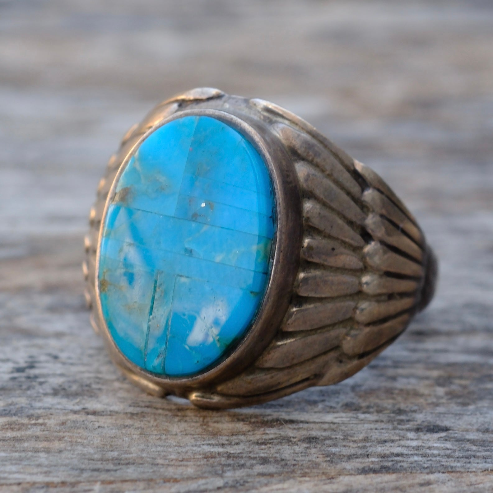 Vintage Sterling Turquoise Inlay Ribbed Band Ring 11.5