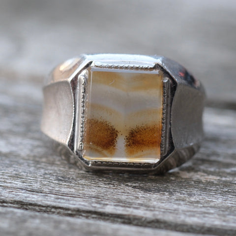 Vintage Sterling Agate Signet Ring 8