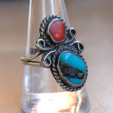 Vintage Sterling Turquoise and Coral Ring 9.25
