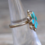 Vintage Sterling Turquoise Inlay Flower Ring 4.25