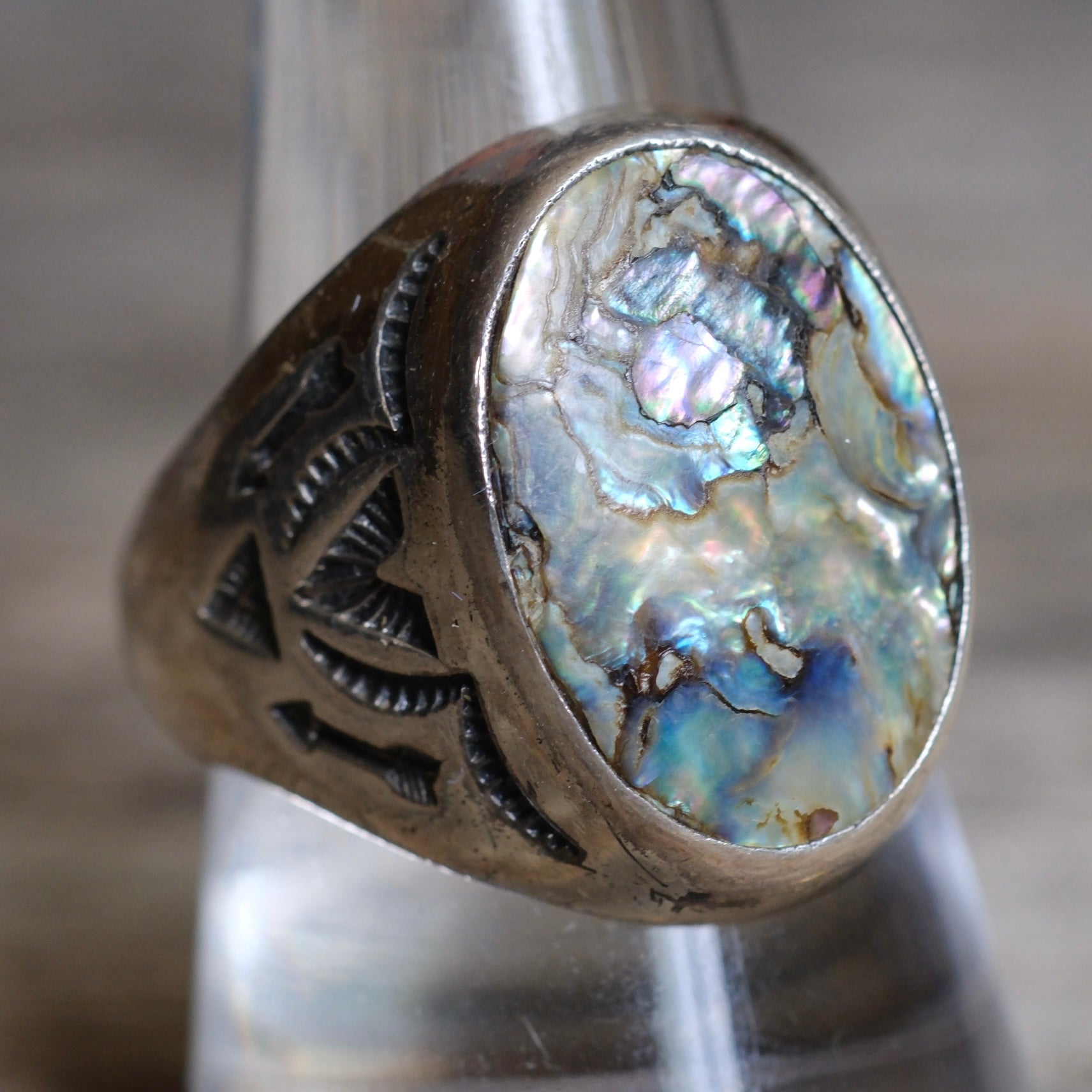 Vintage Sterling Abalone Stamped V Trading Post Ring 10