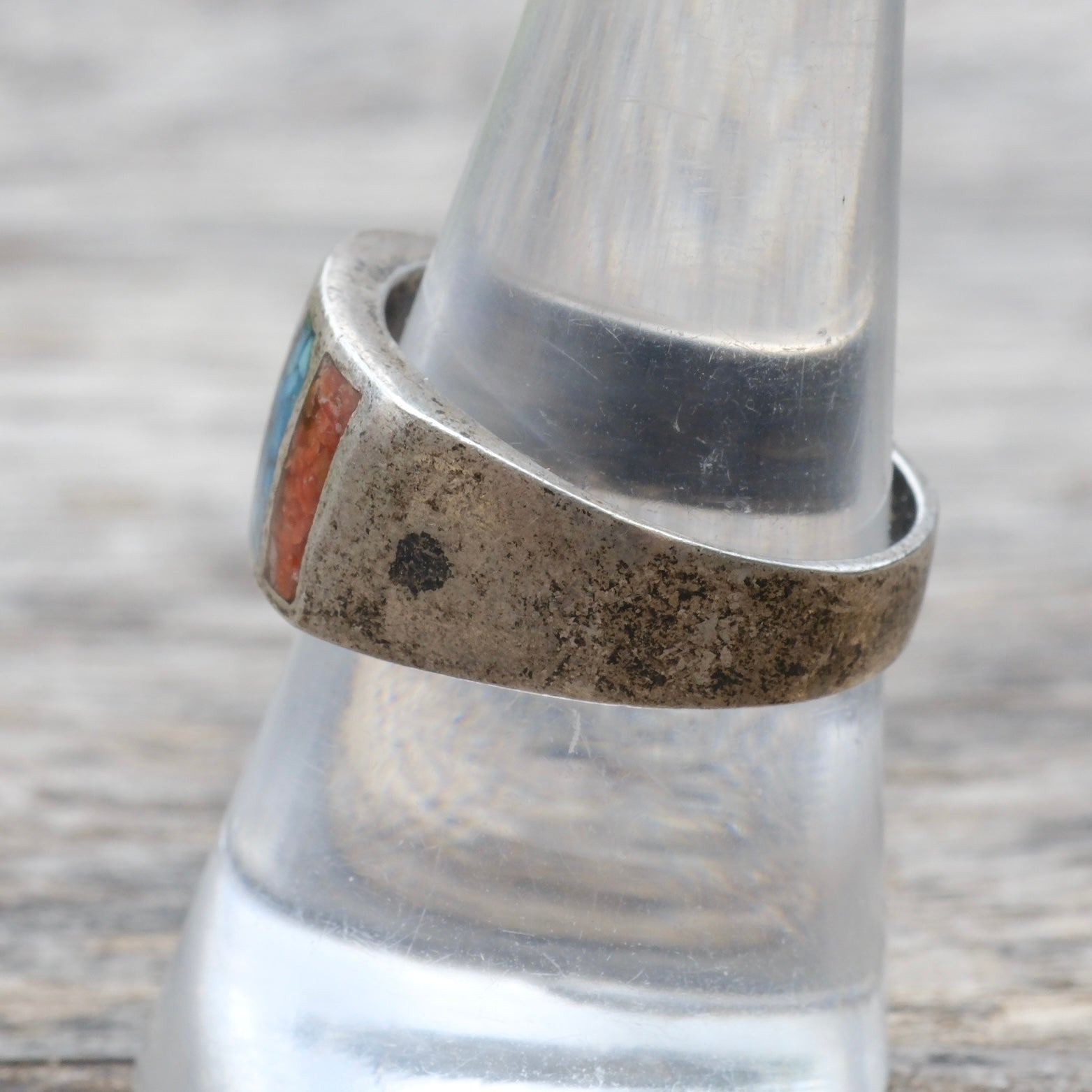 Vintage Sterling Turquoise and Coral Inlay Ring 9