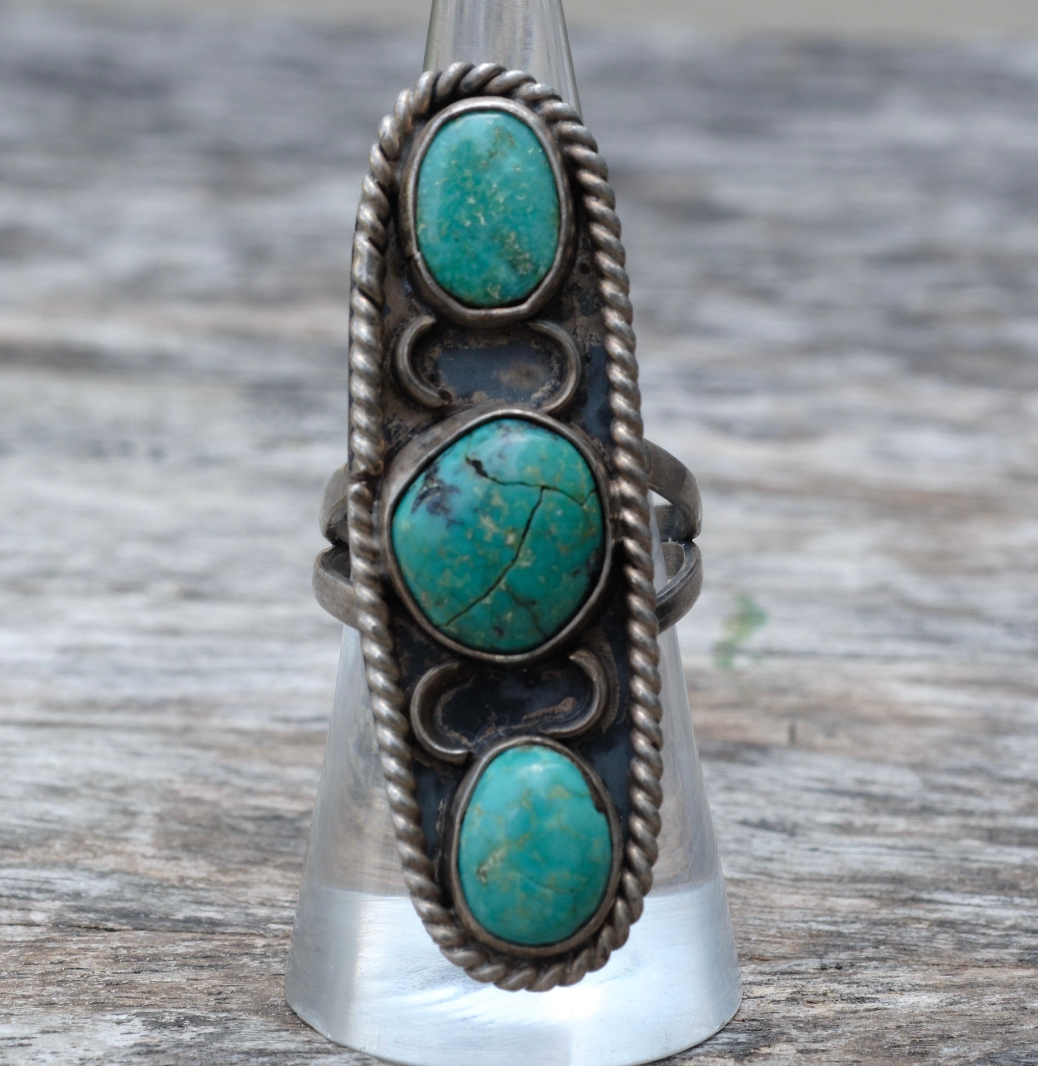 Vintage Sterling 3-Stone Turquoise Ring 7.75