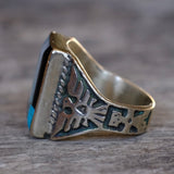 Vintage Sterling Turquoise MOP and Onyx Sunrise Inlay Thunderbird Ring 9