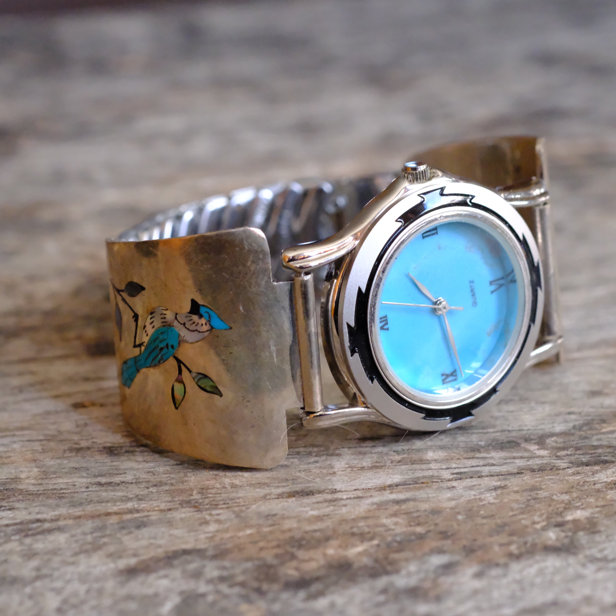 Vintage Sterling Inlay Blue Jay Watch With Turquoise Dial