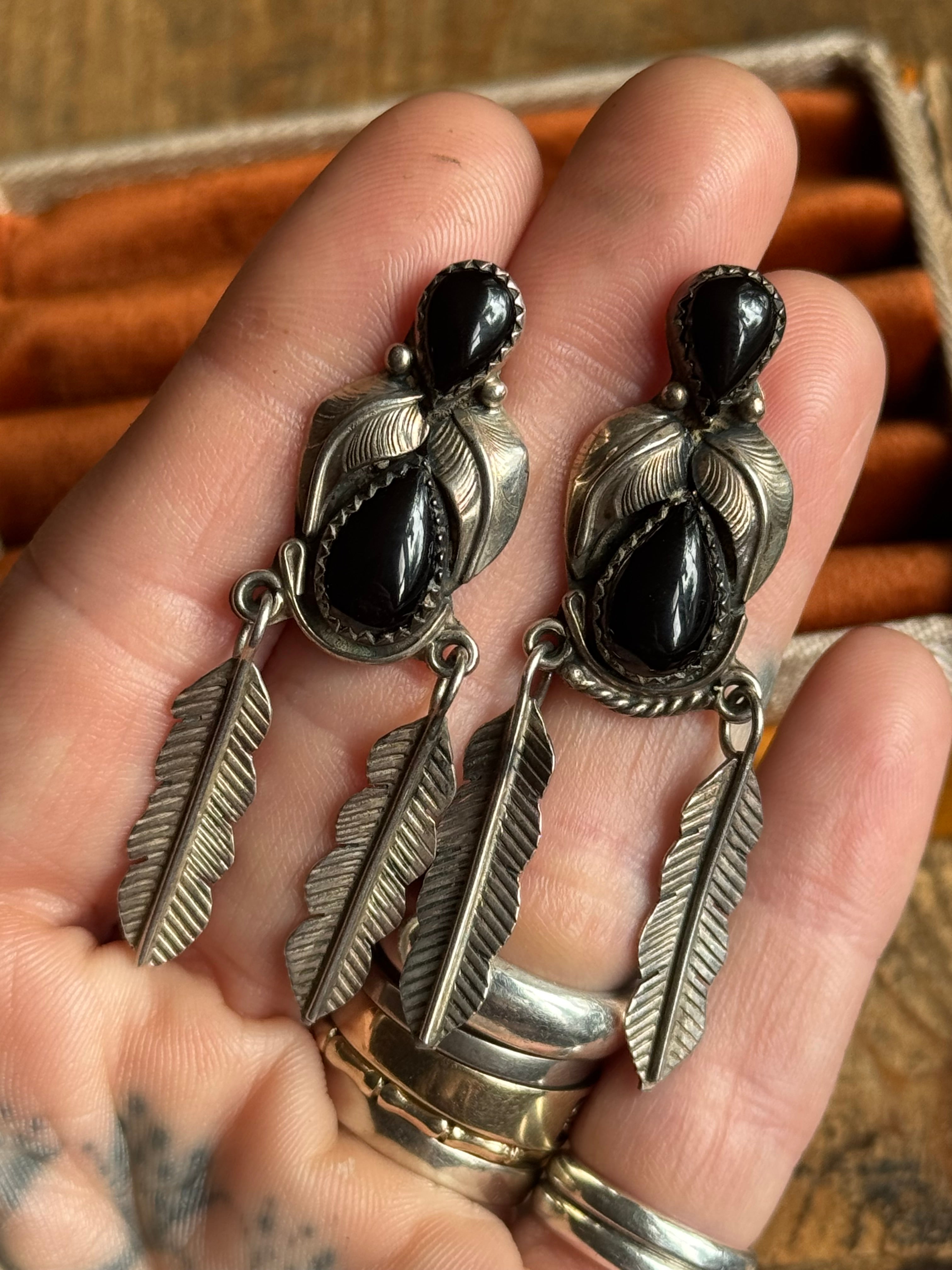Vintage Sterling Silver Onyx Feather Earrings