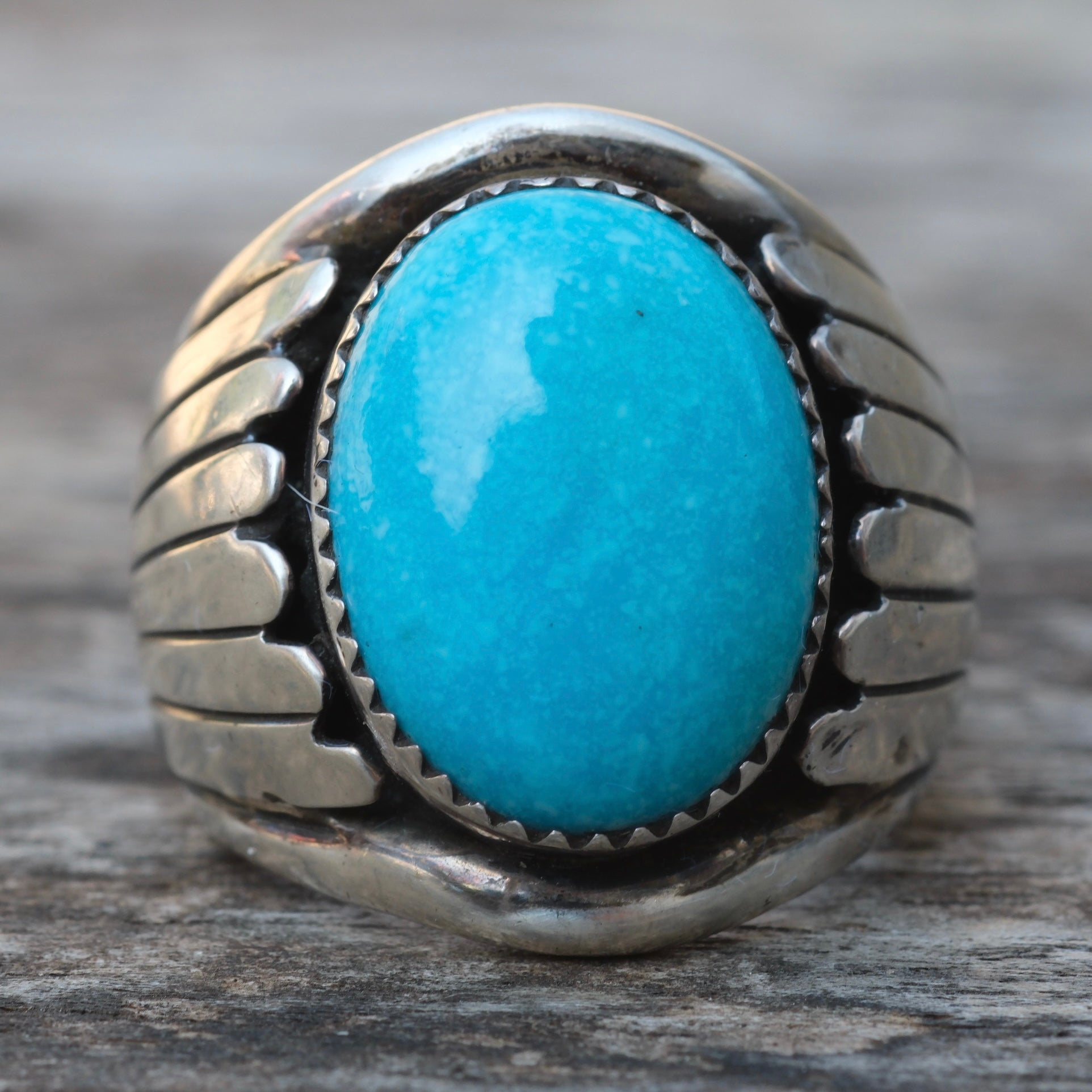 Vintage Sterling Turquoise Ribbed Band Ring 9.5
