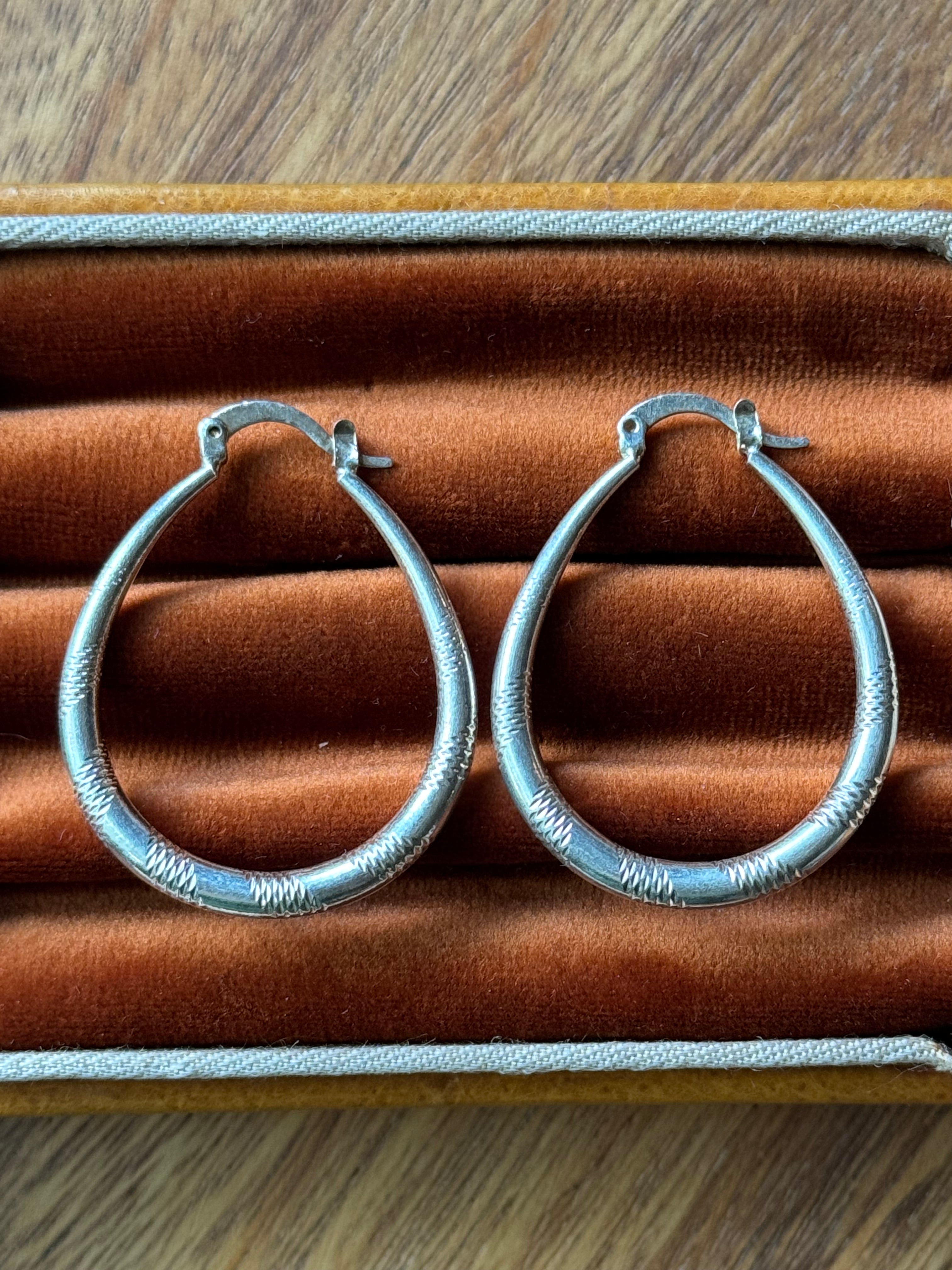 Vintage Sterling Silver Etched Teardrop Hoops