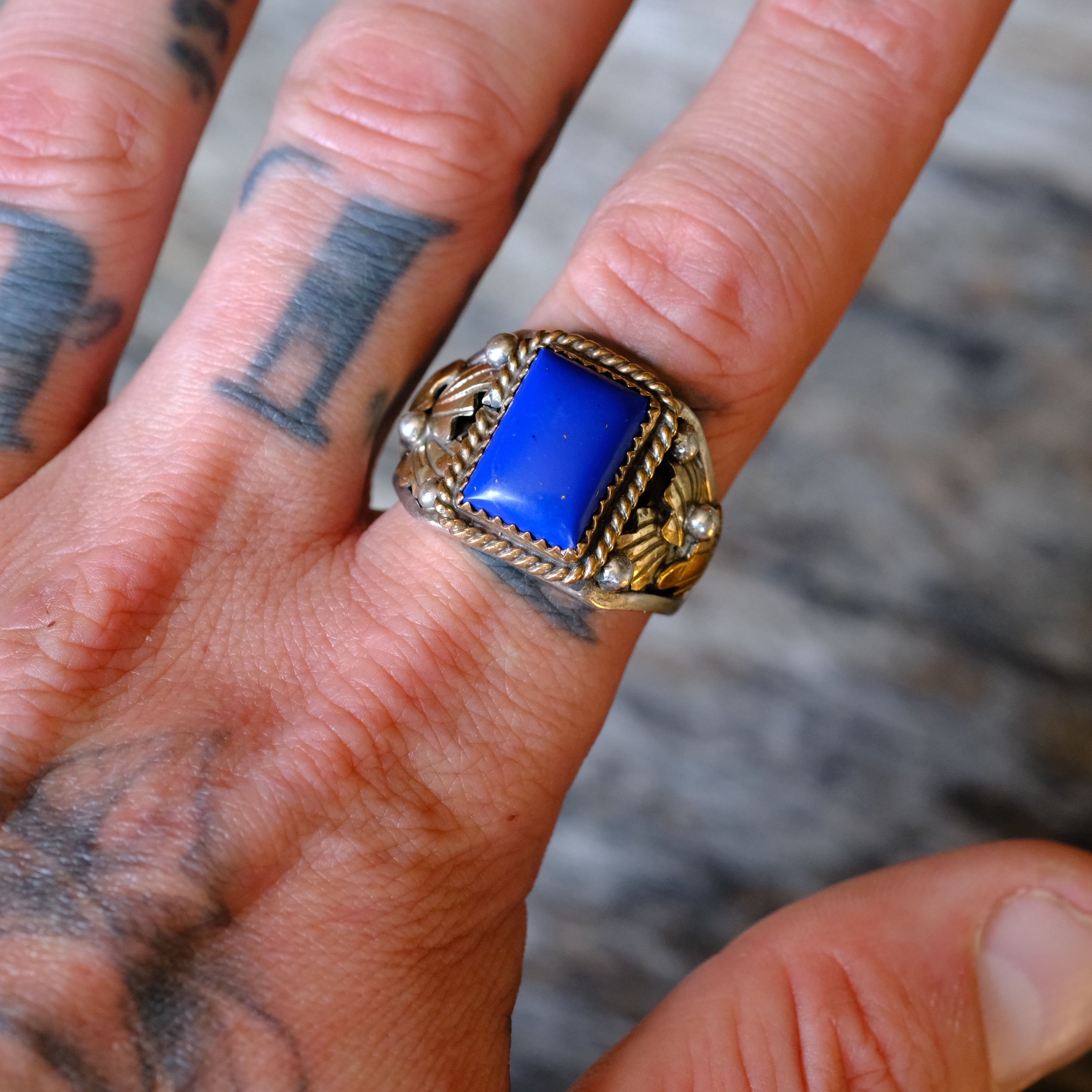 Vintage Sterling Lapis Feather Ring 12.75
