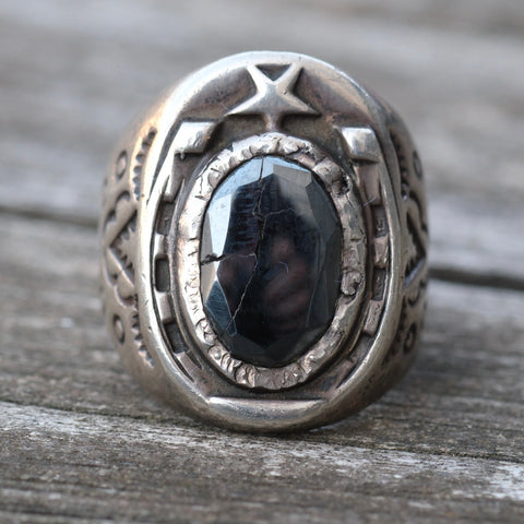 Vintage Sterling Hematite Lucky Horseshoe Ring 6.25