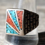 Vintage Sterling Crushed Turquoise and Coral Inlay Sunrise Ring 11.5