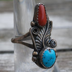 Vintage Sterling Turquoise and Coral Feather Ring 6.75