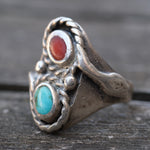 Vintage Sterling Turquoise and Coral Snake Ring 7.25
