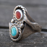 Vintage Sterling Turquoise and Coral Snake Ring 7.25