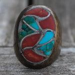 Vintage Sterling Turquoise and Coral Inlay Ring 9.5