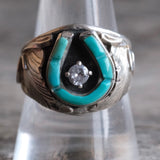 Vintage Sterling Turquoise CZ  Lucky Horseshoe Ring 9.75