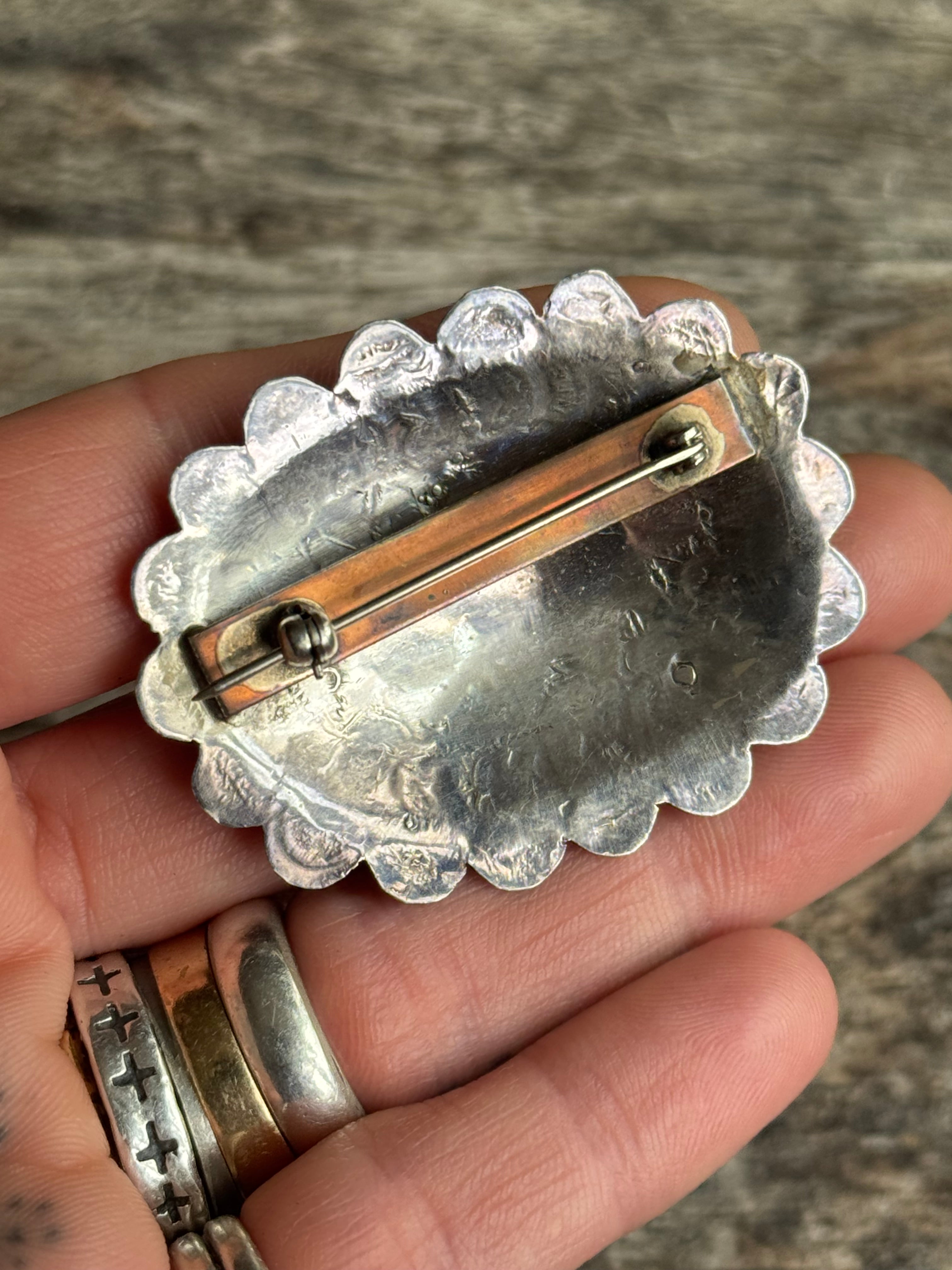 Vintage Sterling Silver Turquoise Stamped Concho Pin