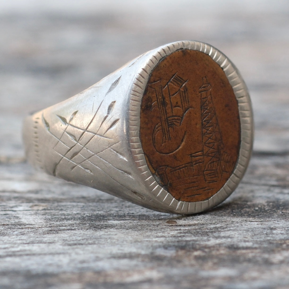 Vintage Sterling and Copper Engraved P Initial Signet Ring 8.75