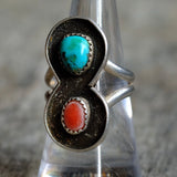 Vintage Sterling Turquoise and Coral Ring 7.5