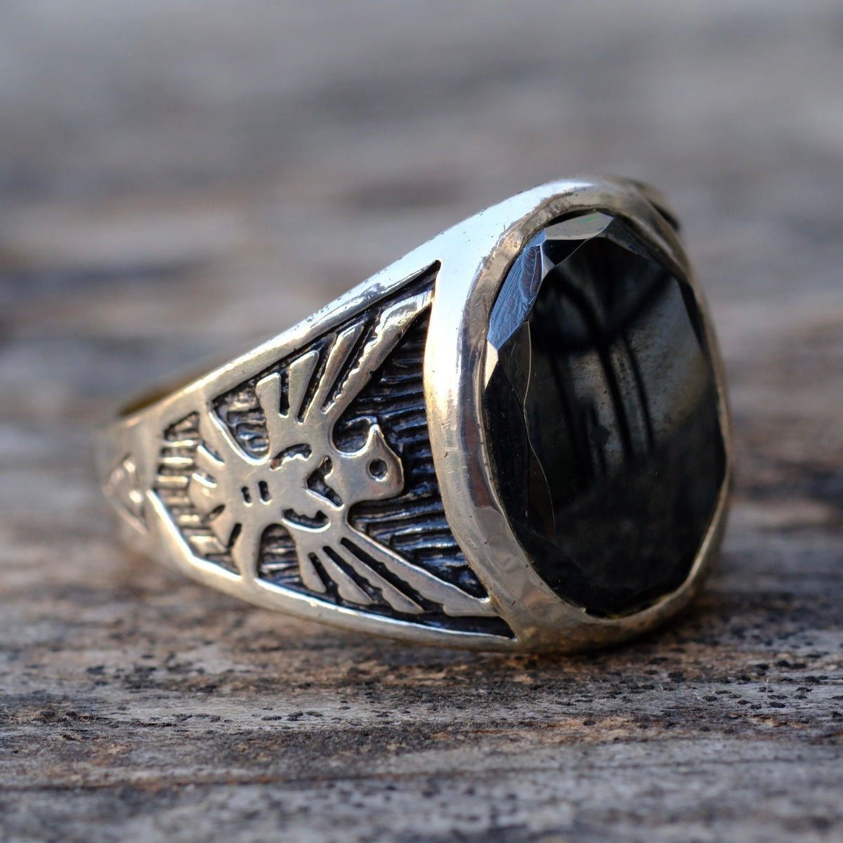 Vintage Sterling Hematite Thunderbird Ring 15.5