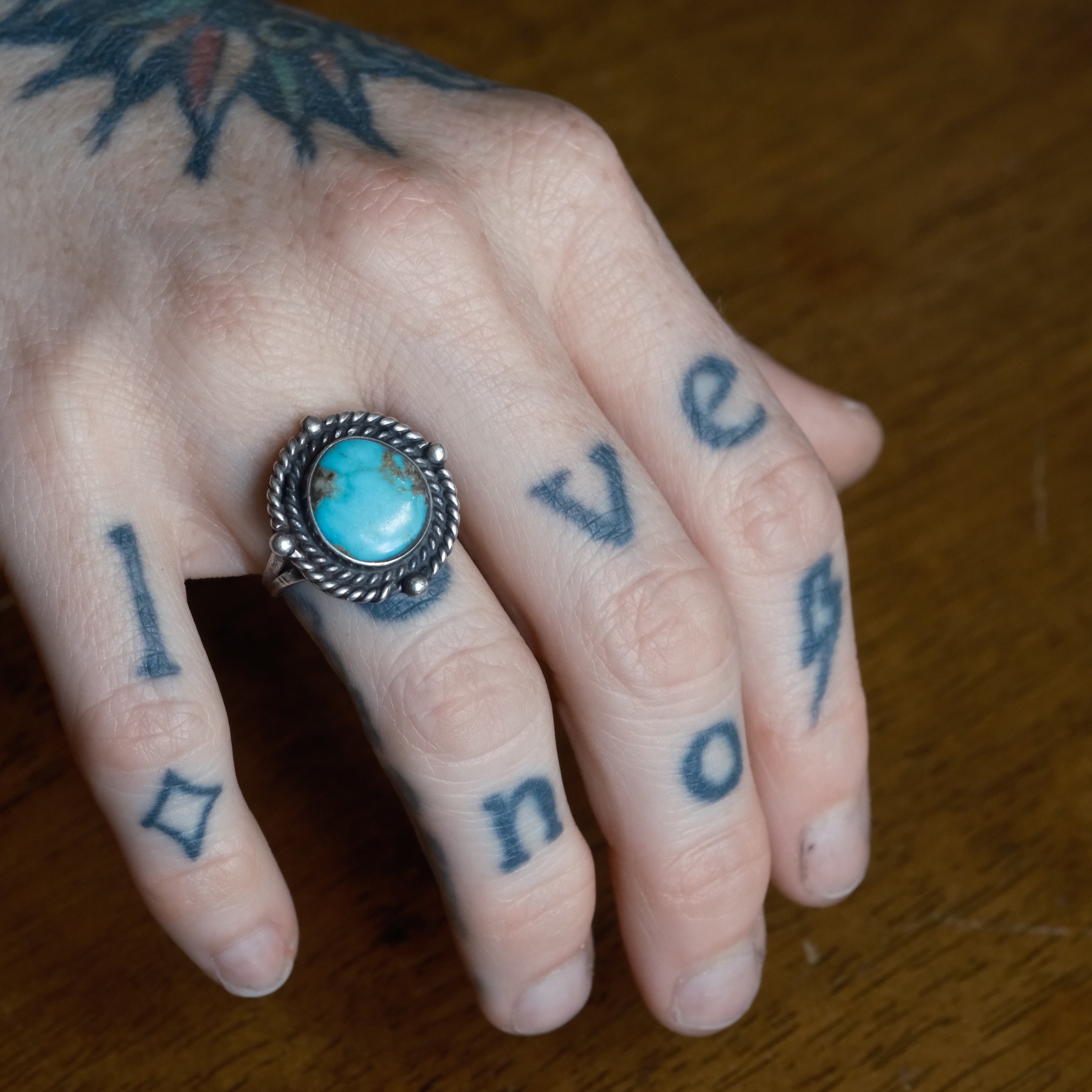 Vintage Sterling Turquoise Roper Ring 6.75