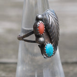 Vintage Sterling Turquoise and Coral Feather Ring 5.75