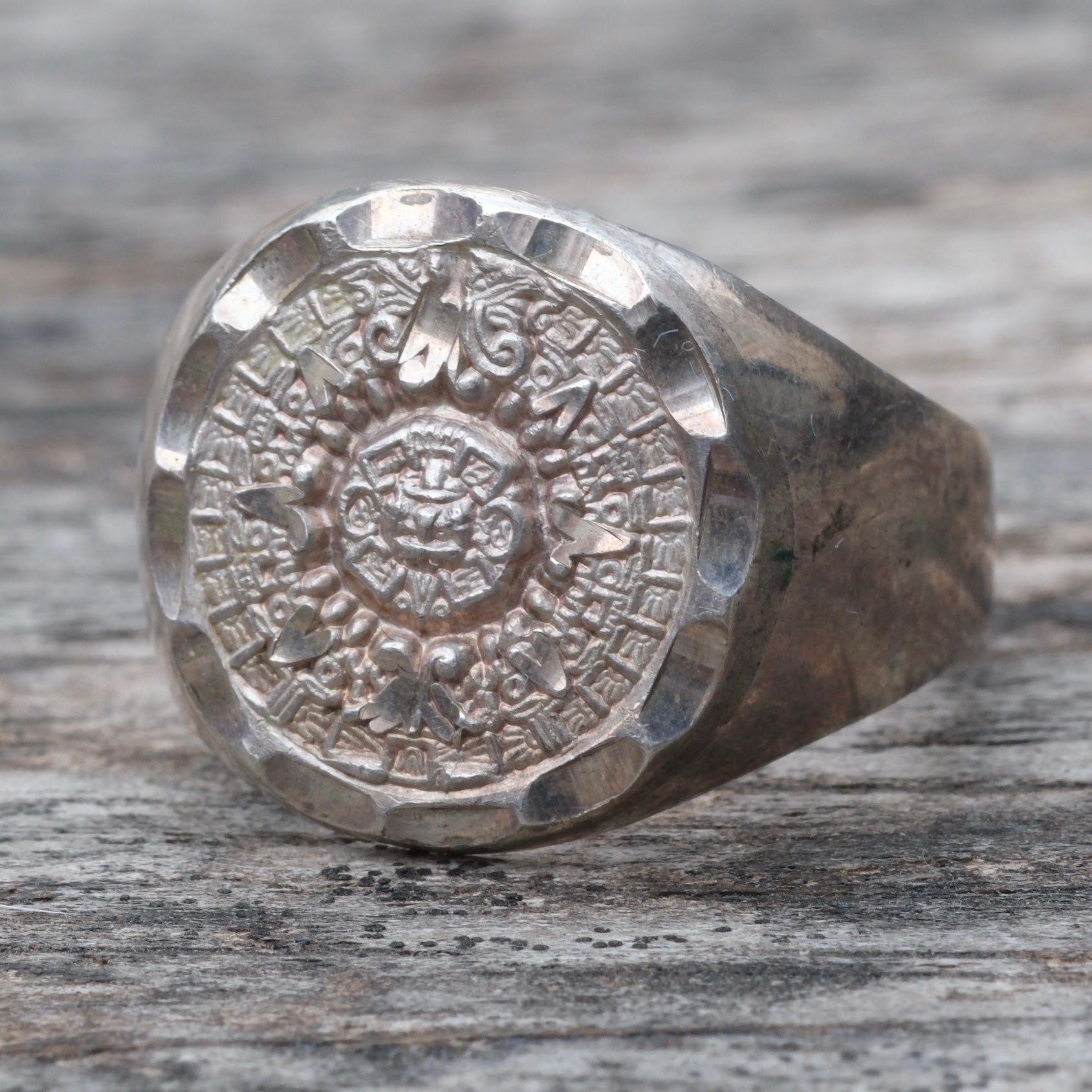Vintage Sterling Aztec Calendar Ring 10.75