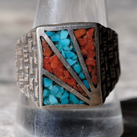 Vintage Sterling Crushed Turquoise and Coral Inlay Sunrise Ring 11.5