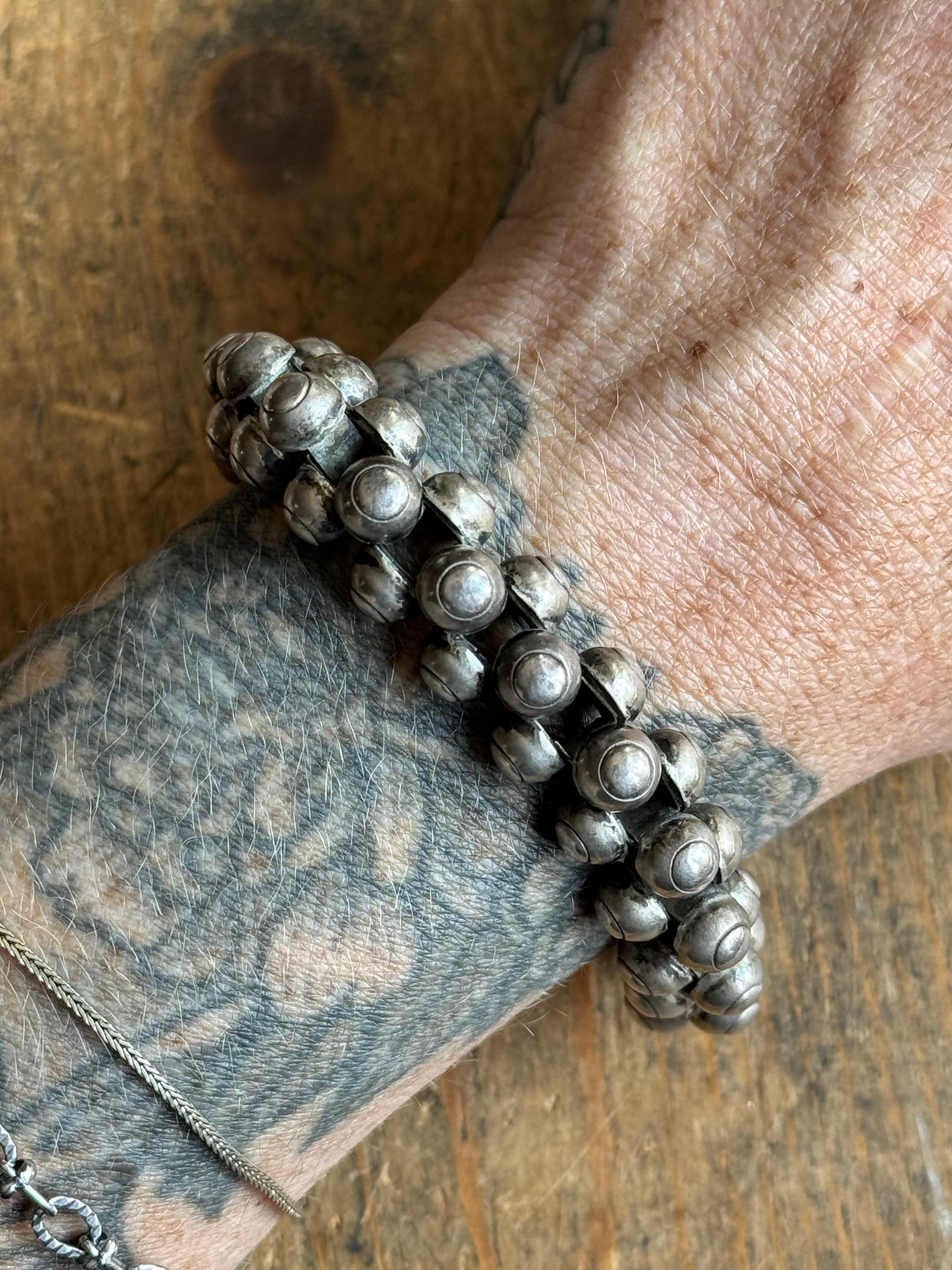 Vintage Sterling Silver 7” Beaded Square Link Tribal Bracelet