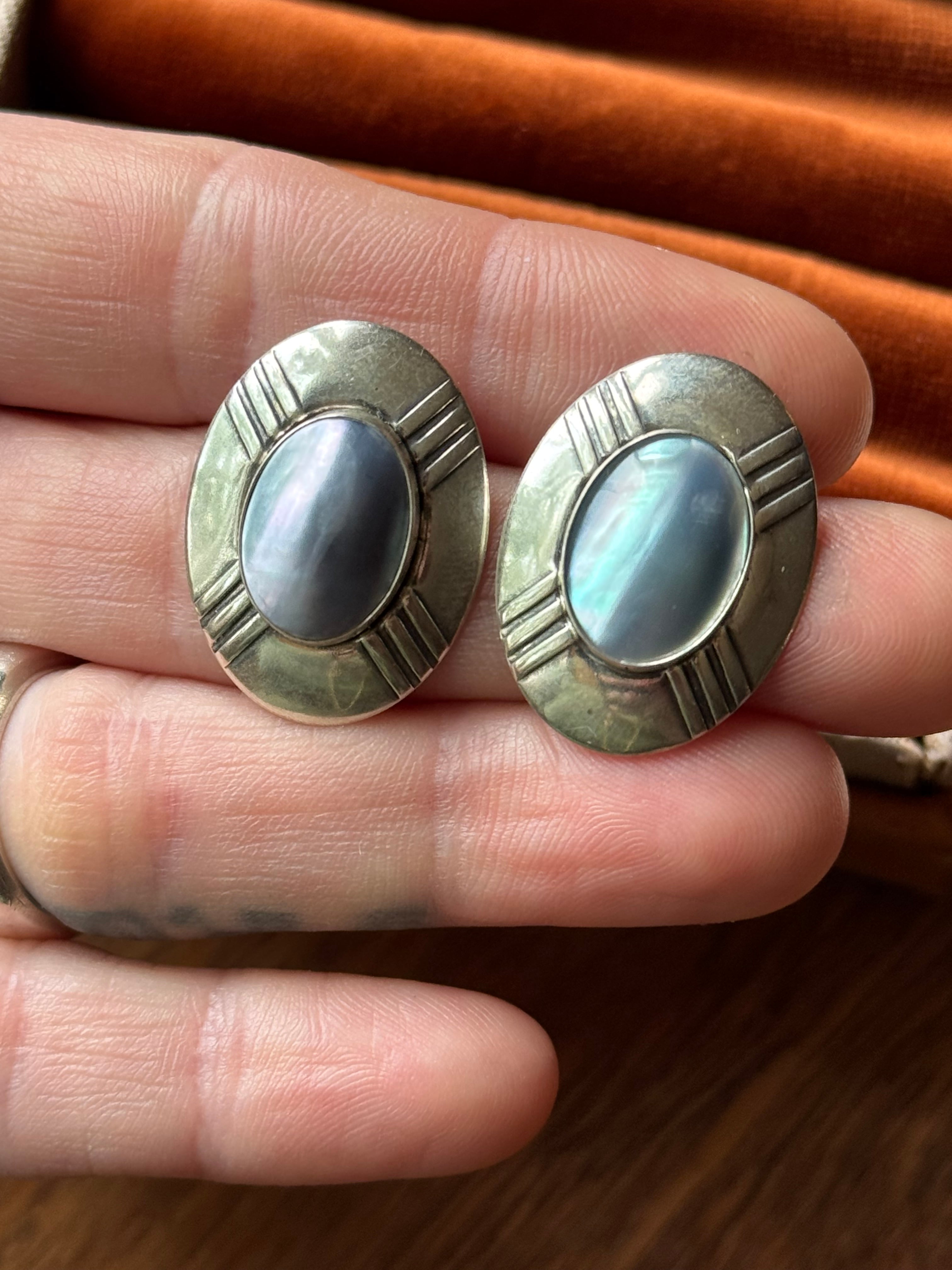 Vintage Sterling Silver Abalone Concho Earrings