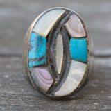 Vintage Sterling Turquoise Mother Of Pearl Ring 10.25