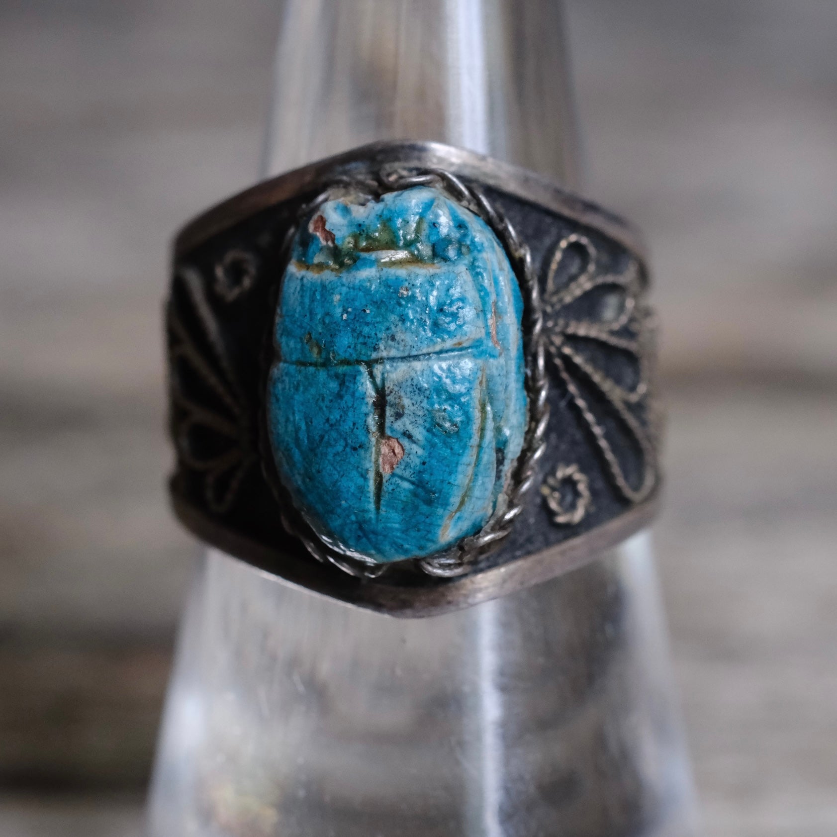 Vintage Sterling Carved Turquoise Scarab Open Back Ring 7.5